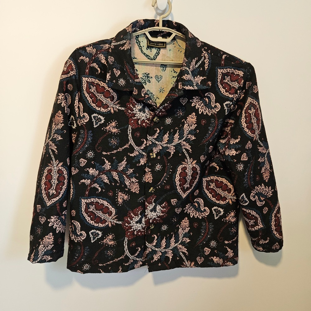 Vintage Tapestry Jacket Size Large Black Floral Art to Wear Whimsigoth Oversized